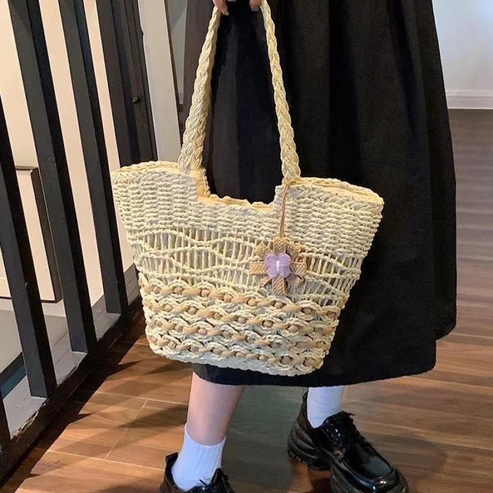 Straw Bag Casual Bag Hand-knit Handbag Clearance Versatile Photo Straw Bag Zipper Travel Bag