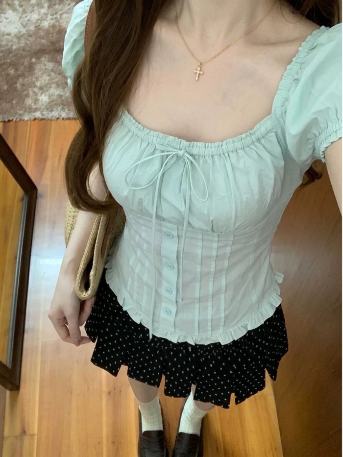 Mint Blue Puff Sleeve Square Neck Short Sleeve Shirt Womens Summer Korean Style Unique And Be