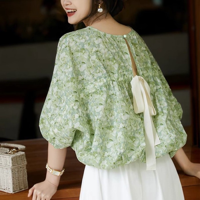 Chiffon Age-reducing Floral Fashion Loose Bat Sleeves Back Bow Mint Personalized Cover The Belly