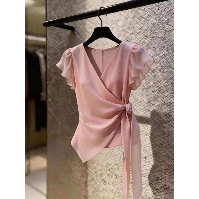Ruffled Short-sleeved Shirt For Women With Unique Design And Unique Lace Top