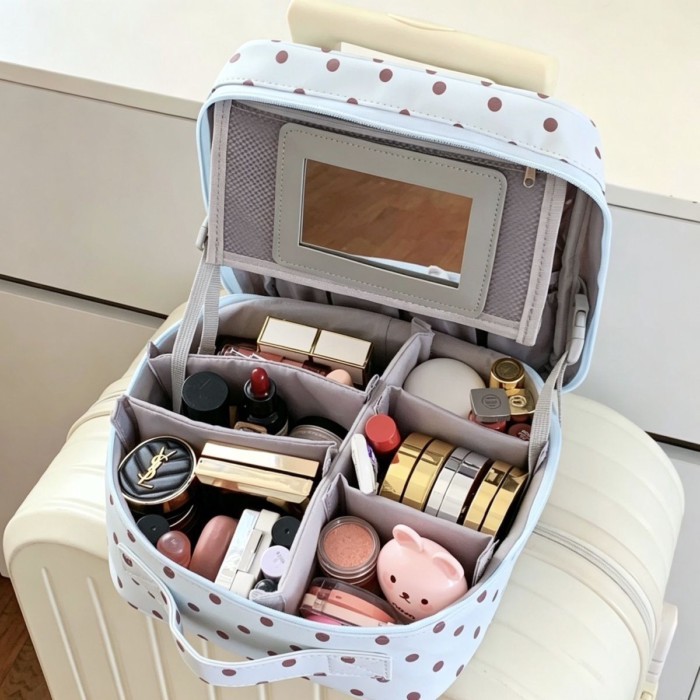 With Mirror + Hangable Suitcase Polka-dot Large-capacity Partitioned Cosmetic Bag Partitione