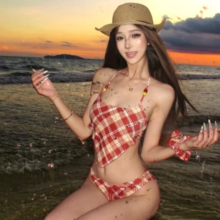 American Retro Red Plaid Bellyband Ruffled European And American Style Fashionable Halterneck St