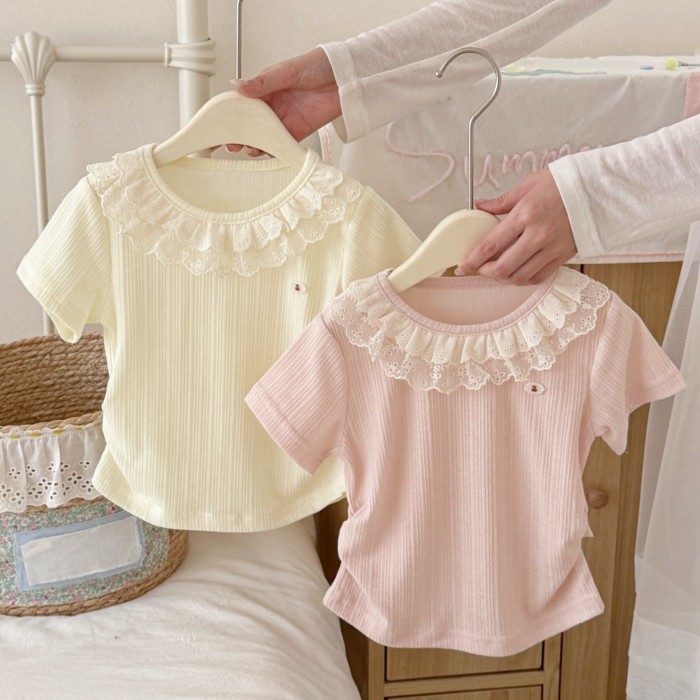 Korean Style Lace Collar Girls Short-sleeved Soft Glutinous Pit Cotton Breathable Baby Girl T