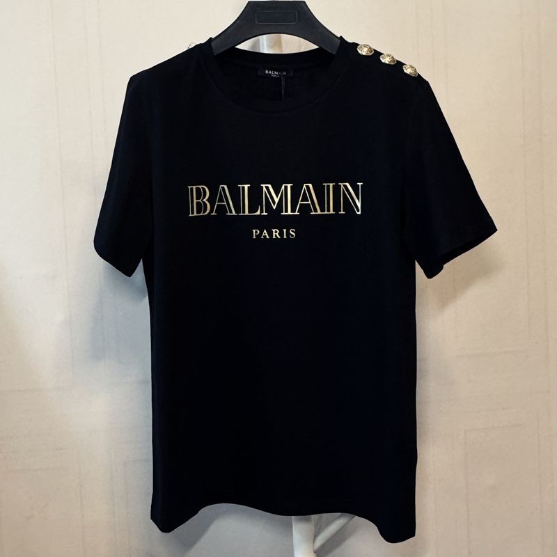Balmain áo thun ngắn tay mùa hè mới, chất liệu cotton in chữ, phong cách sao hạng A
