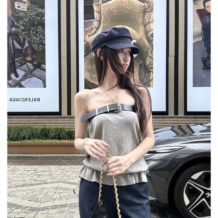 Thiết Kế Sense Belt Tube Top Retro Tube Top Áo Vest Không Tay Mùa Hè Thiết Kế Tinh Tế Slim-fit Top N