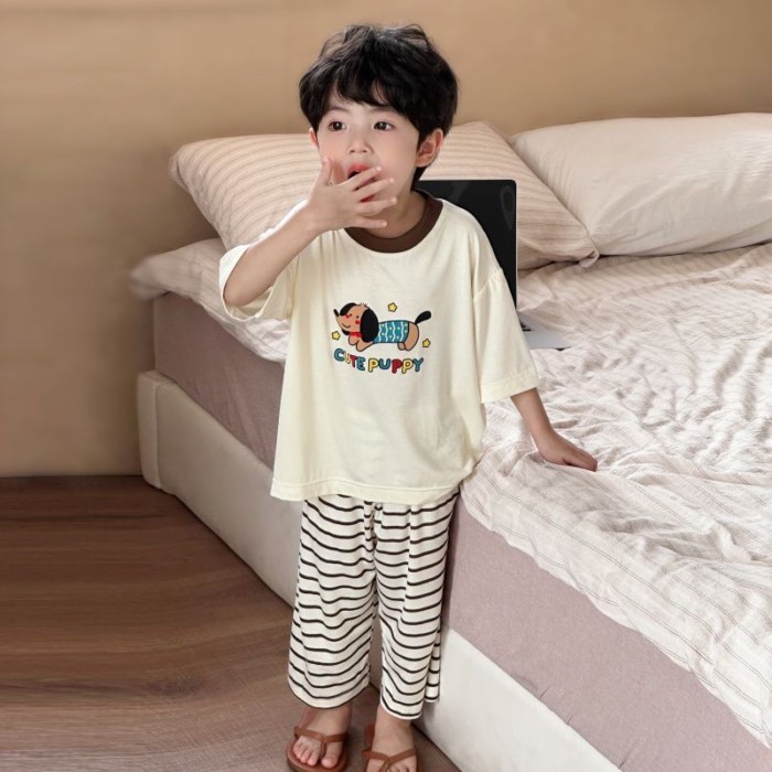 Boys Pajamas Summer Thin Air-conditioned Modal Ice Silk Baby Suit Short-sleeved Trousers Chil