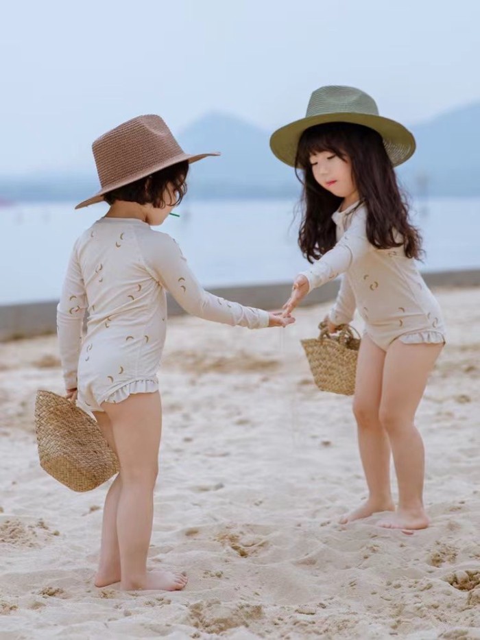 Girls Summer One-piece Long-sleeved Swimsuit Quick-drying Baby Seaside Sun Protection Clothing G