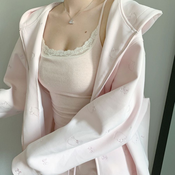Embroidered Pink Hooded Sweatshirt Jacket Women's Thin Korean Top Women's Dopamine Outfit