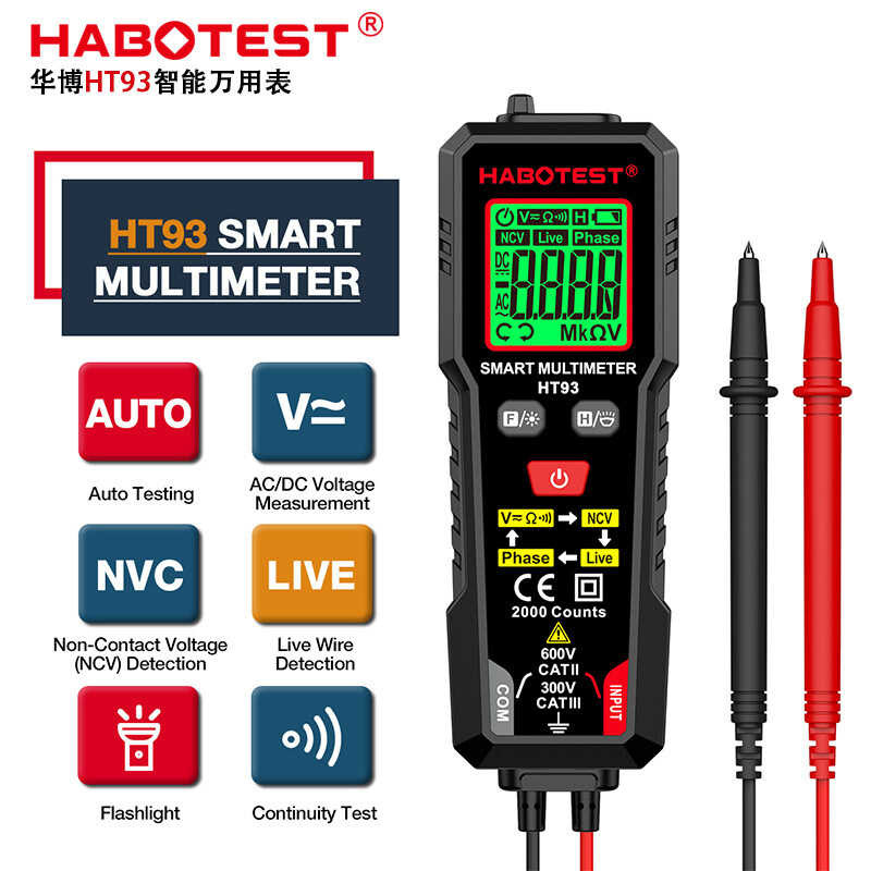 HT93 Đồng hồ vạn năng thông minh Phát hiện trình tự pha chống cháy Đồng hồ vạn năng nhỏ hoàn toàn tự