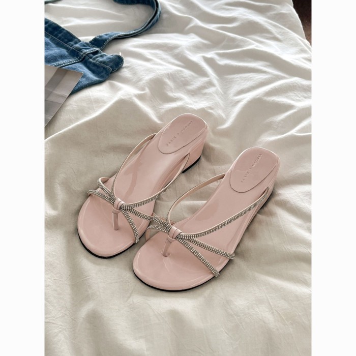 Pink Glossy Rhinestone Wedge Flip-flops French Style Stunning Sandals For Women To Wear Summer N