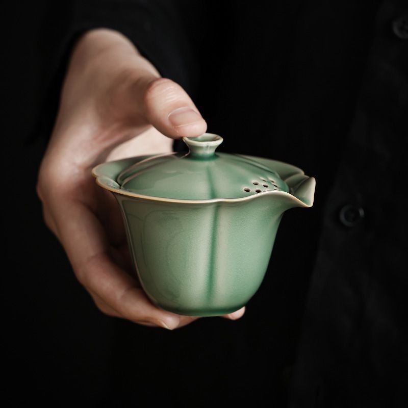 (Mới về) Ấm trà cầm tay bốn lá cỏ may Muxi Yue Kiln Celadon, bộ trà Kung Fu cao cấp thủ công Trung