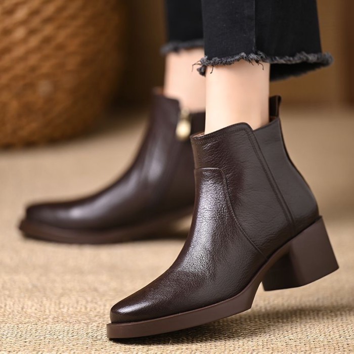 Da Thật Mềm Gót Dày Mùa Thu Đông Retro Mới Giày Chelsea Boot Nâu Giày Bốt Nữ Gót Trung Bình Giày