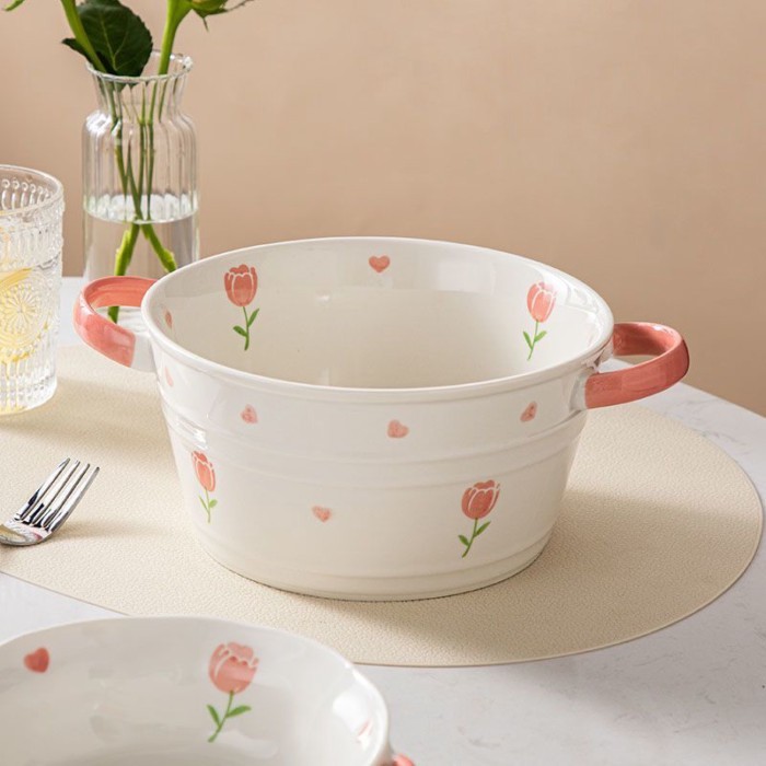 Tulip Double-eared Large Soup Bowl 2L Household Tableware Sauerkraut Boiled Fish Snail Rice Bowl La