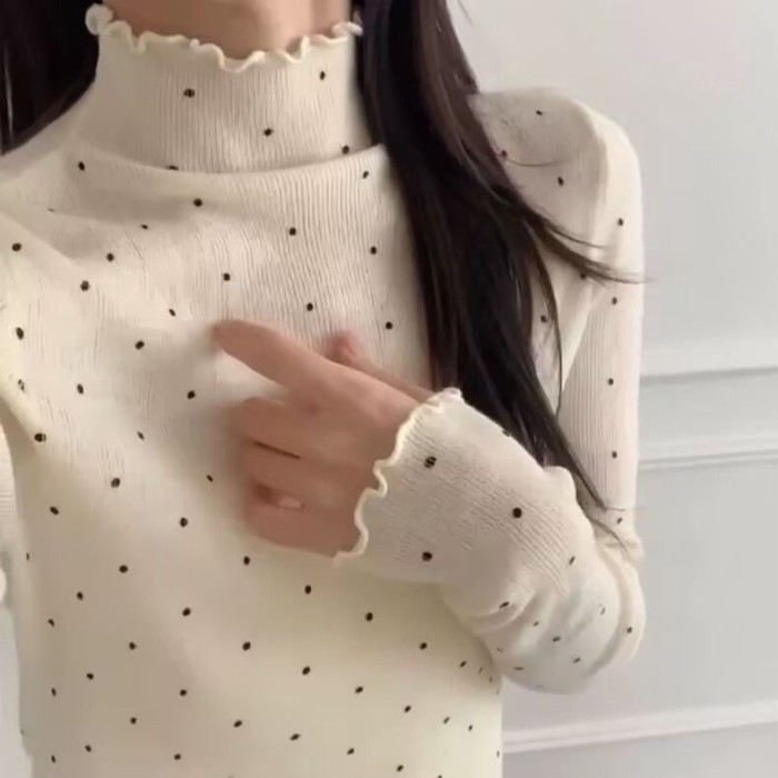 Korean Style Half Turtleneck Polka Dot Bottoming New Unique Unique Fungus Top Student T-shirt