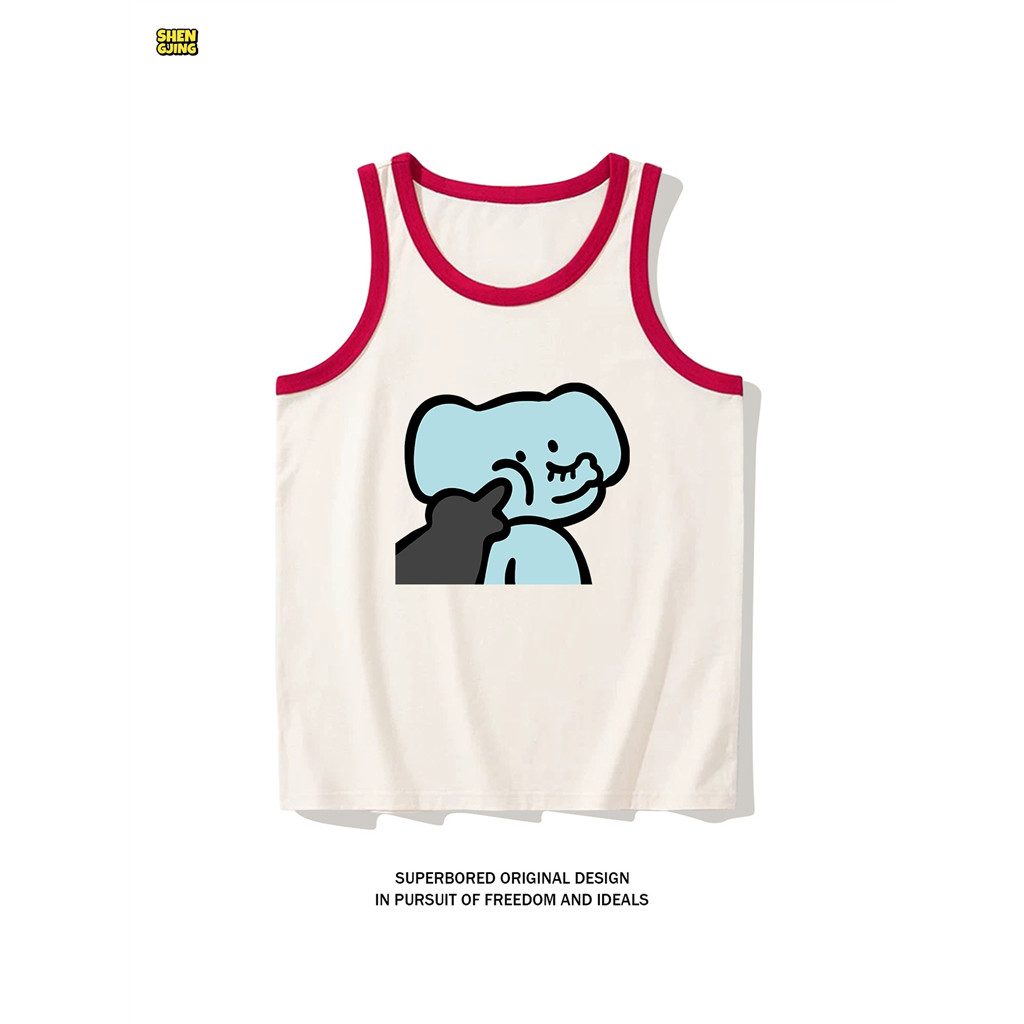 SJ-Cute Elephant Cat Nuzzle Red Ringer Polyester Lưới thoáng khí Tank Top