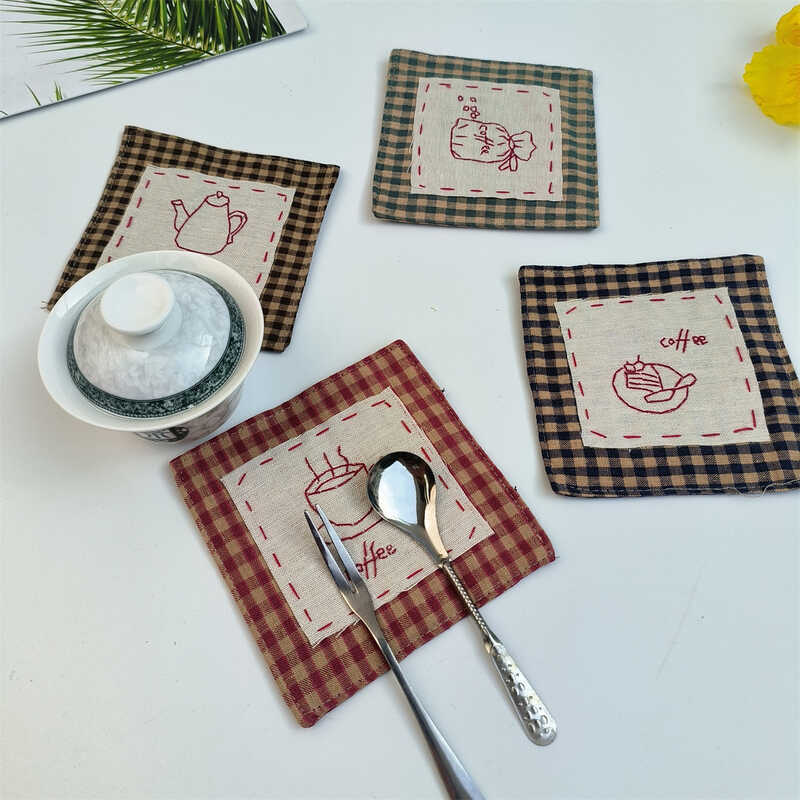 Vải Coaster Cotton Quilted Kẻ Sọc Trà Coaster Thấm Hút Nước Cách Nhiệt Coaster Vuông Cốc Coaster Kun