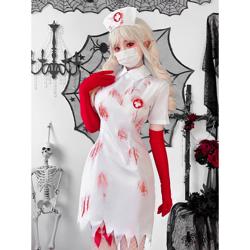 Halloween Trang Phục Người Lớn Mary Y Tá Trang Phục Kinh Dị Máu Zombie Đầm Zombie Zombie Y Tá Biểu D