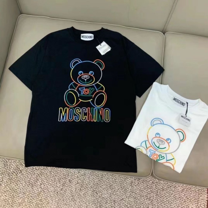 MOSCHINO Mos Xuân Hè Mới Neon Màu Sáng Gấu In Hình Áo Thun Cotton Cặp Đôi Dáng Rộng Nam Nữ