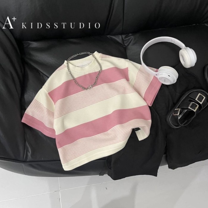 Boys Summer T-shirt New Korean Style Loose-fitting Striped Short-sleeved Tops For Boys And Gi