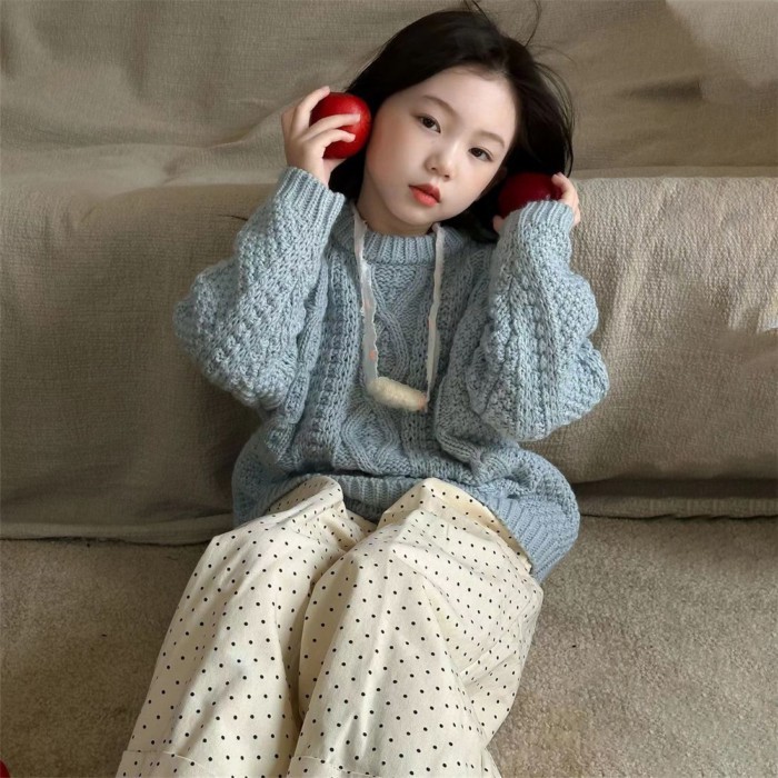 Korean Children's Clothing Girls Sweater Winter New Style Small Fresh Soft Waxy Haze Blue Lin