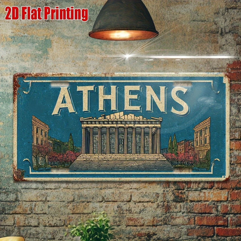 Vuốt 2D, 1 Stk. Vintage Athen Metall Nummernschild Schild, Vintage Reise Wandkunst, Athen Parthenon 
