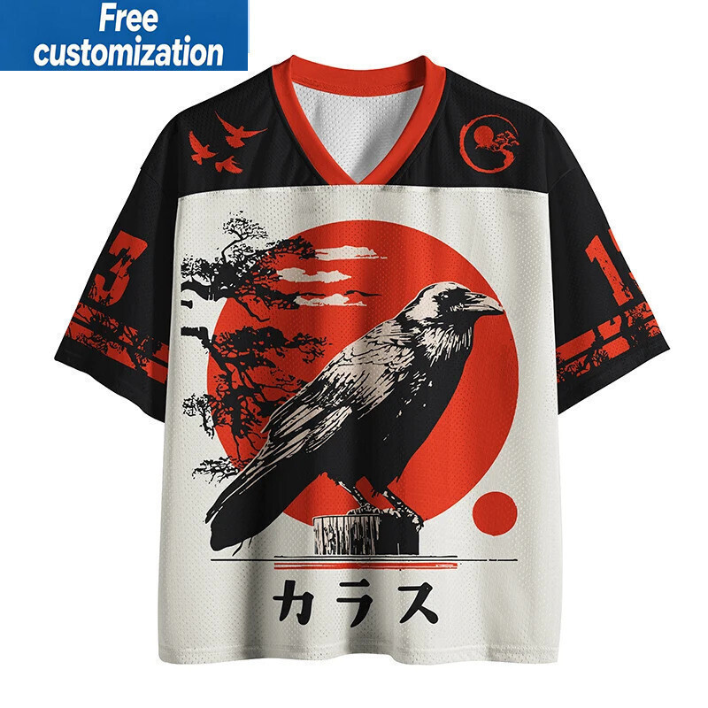 Nhật Bản Crow Retro Hanzi Lưới Jersey Mặt Trời Đỏ Cây Cảnh Họa Tiết Thoáng Khí Người Lớn Và Trẻ Em Đ