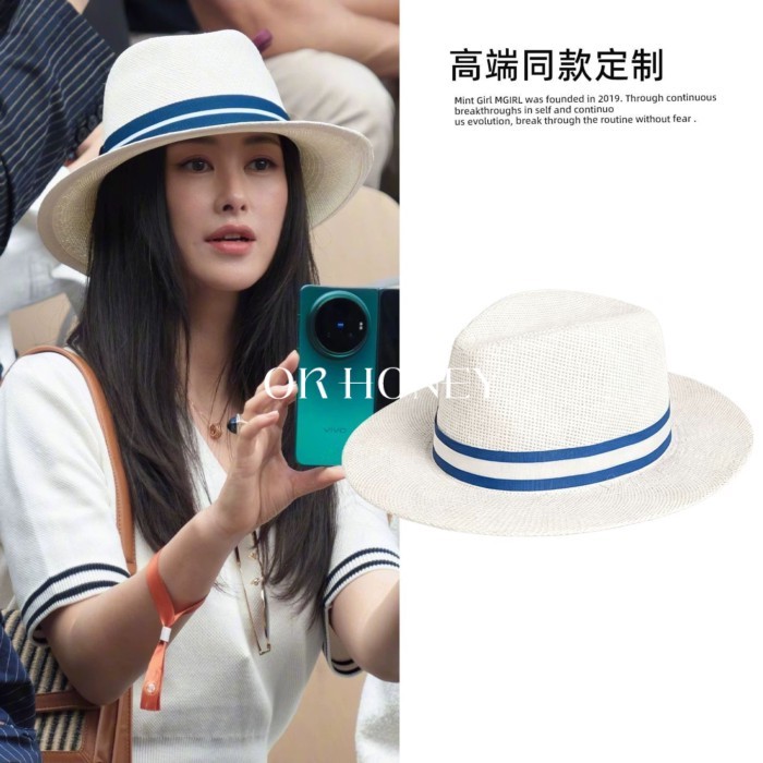 Zhuzhu Cùng Phong Cách Mũ Rơm Panama Sọc Xanh Biển Mùa Hè