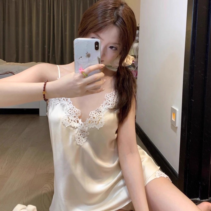 Sexy Ice Silk Suspender Lace Pajamas, Goddess Suspender Pajamas Two-piece Home Wear Set