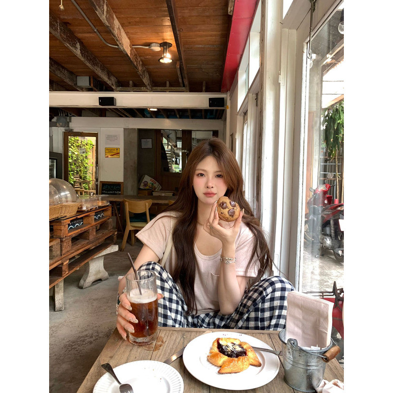 5029 #Home Athome / / Đơn Giản Tình Yêu Bông Tuyết Túi Cotton Cổ Tròn Áo Thun Rời Cảm Giác Đơn Giản 