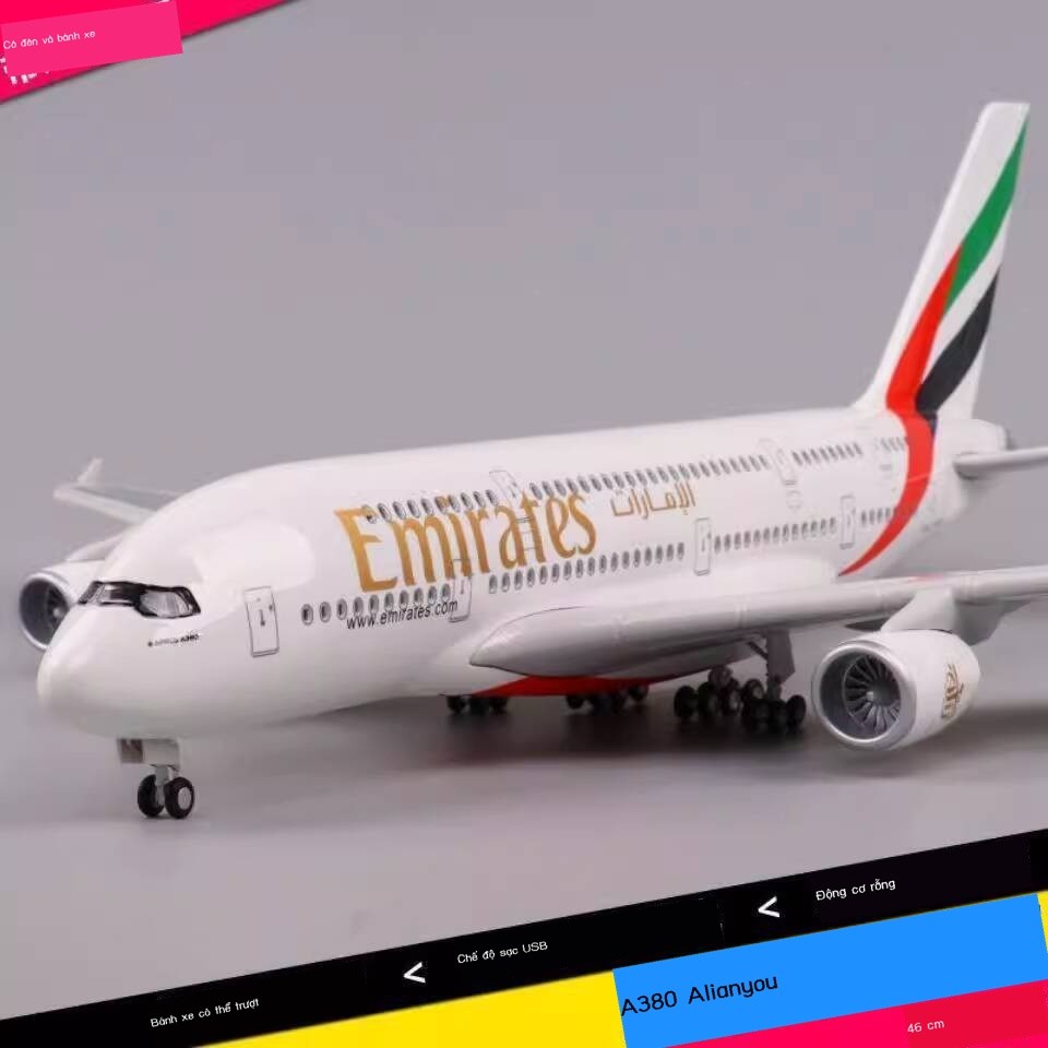 Airbus A380 Emirates Airline với phỏng bánh đáp phát sáng, dân dụng, mô hình máy bay của hãng hàng