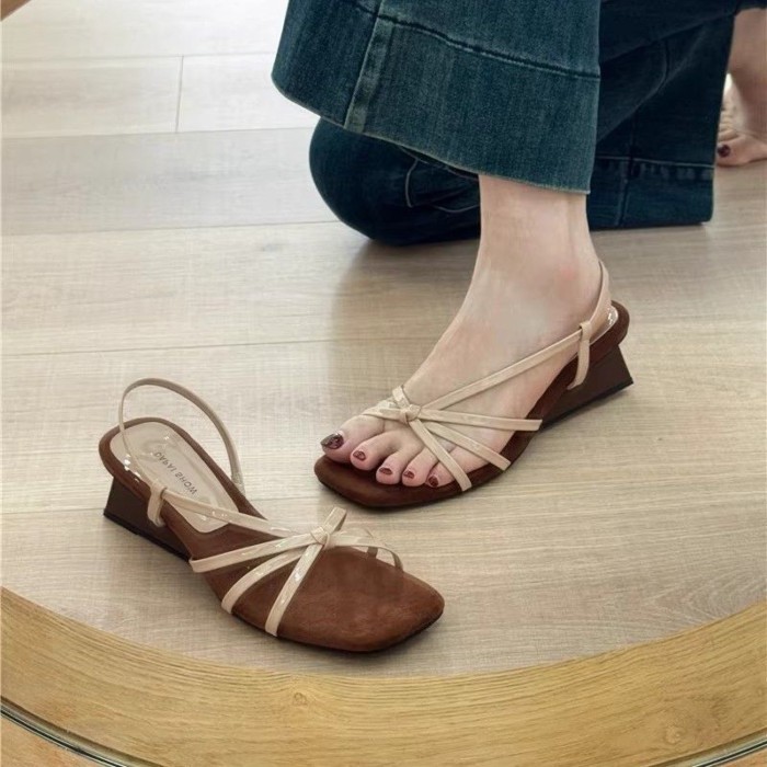 French Style Thin Strap Wedge Sandals For Women's Outer Wear New Square Toe With Skirt Open Toe