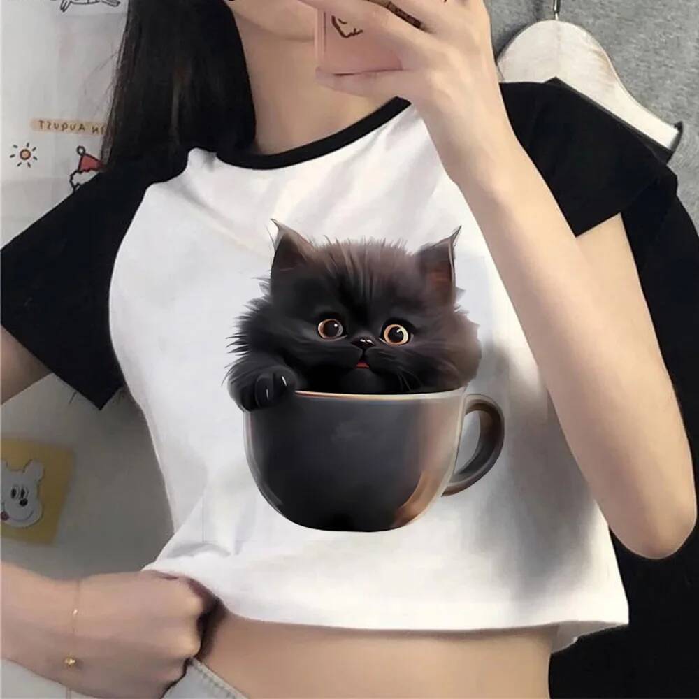 Funny Cat crop Top Nữ Mùa Hè manga gothic Thời Trang Hàn Quốc Gyaru Top Tee Giá Rẻ Gyaru goth Cảnh