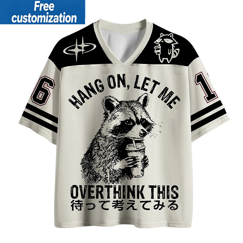 Fun Raccoon Họa Tiết Retro Người Lớn Và Trẻ Em Khẩu Hiệu Văn Bản Hanzi Nhật Bản In Lưới Jersey Cổ Ch