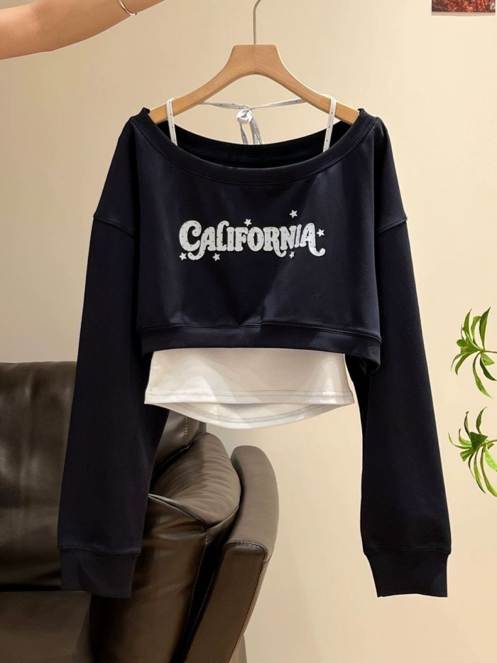 Girls' Beautiful Off-Shoulder White Off-Shoulder Printed Long-Sleeved T-Shirt Women's New Style