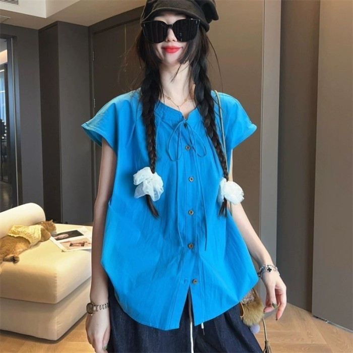Slim Round Neck Lace-up Shirt Summer New Loose Casual Versatile Chinese Style Shirt Design To