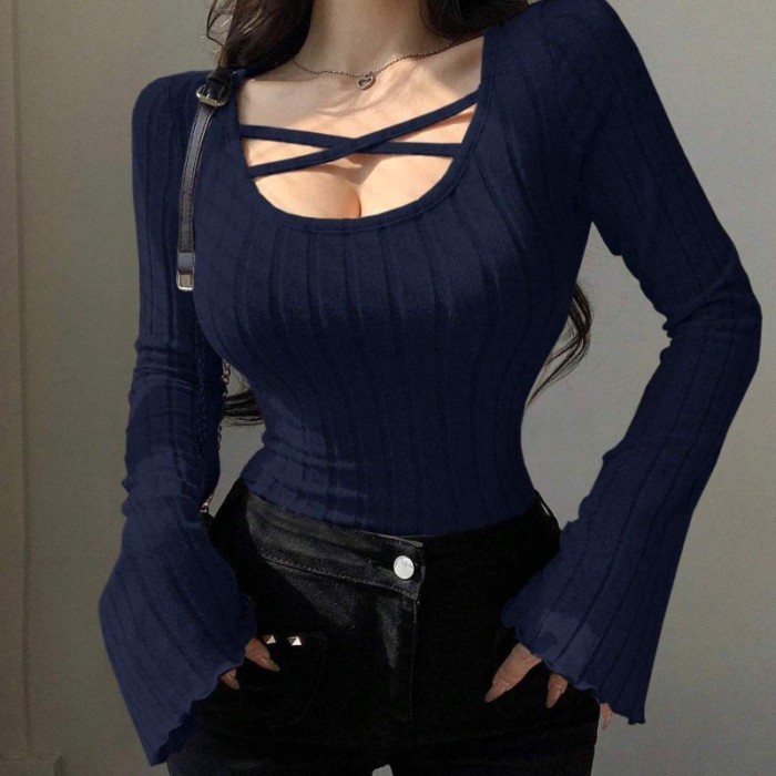 Cross-strap Pure Lust Style Long-sleeved T-shirt Slimming And Thin Design Base Pit Strip Brushed