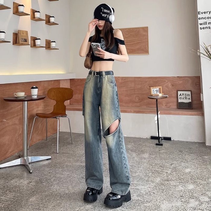 American Style Ripped Jeans Summer Thin New Style Retro High Waist Loose Slimming Straight Pa