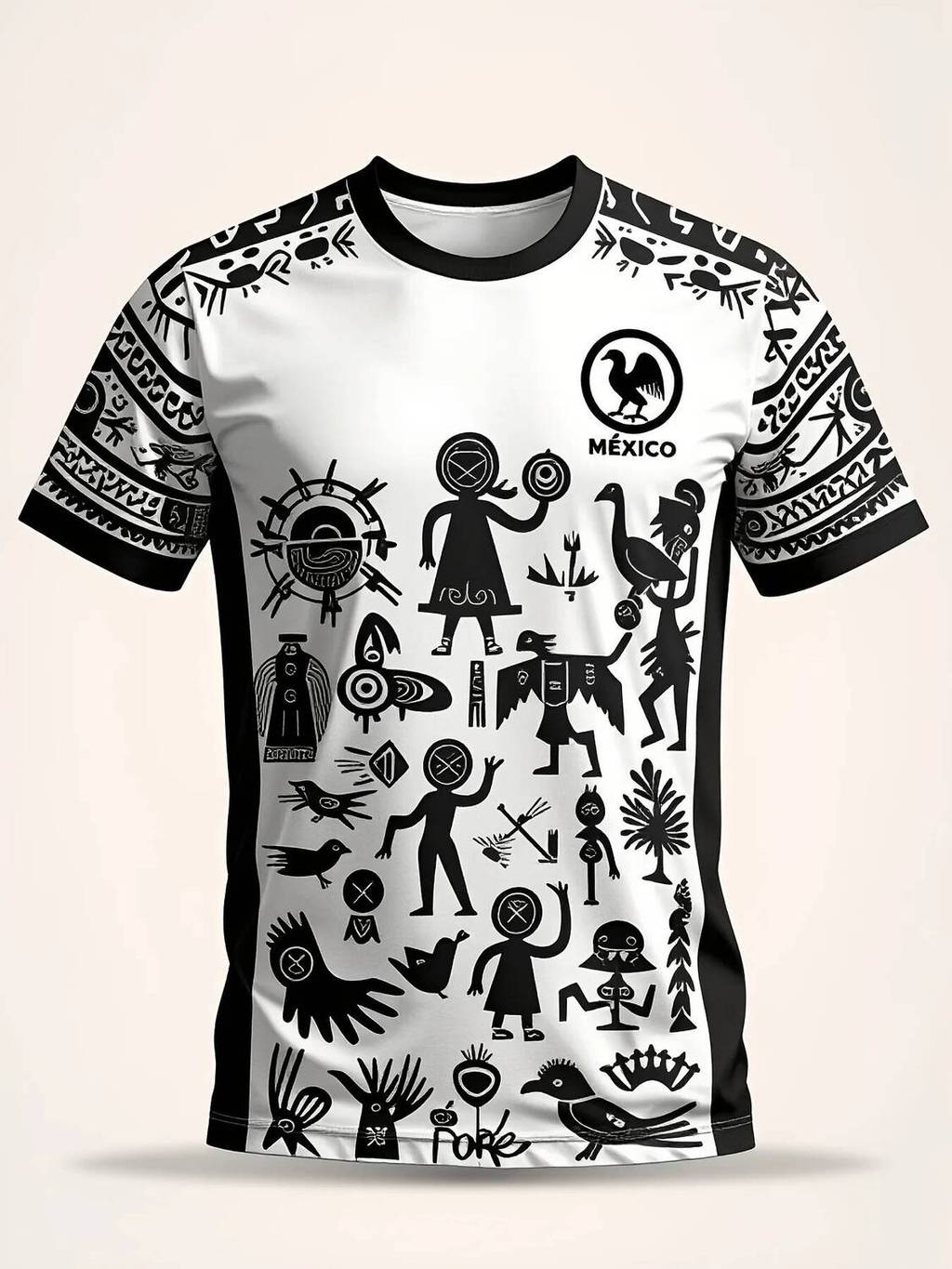 ÁO THUN MEXICAN TRIBAL ART TRÊN TRẮNG TRẮNG TRẮNG ĐEN PATTERN AZTEC SYMBOL PATTERN TRÒ CHƠI FOOTBALL