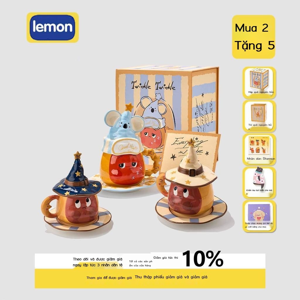 [HÀNG MỚI VỀ] Ly cà phê có nắp thương hiệu chung Star People, gốm, quà sinh nhật cho gái, bé trai,