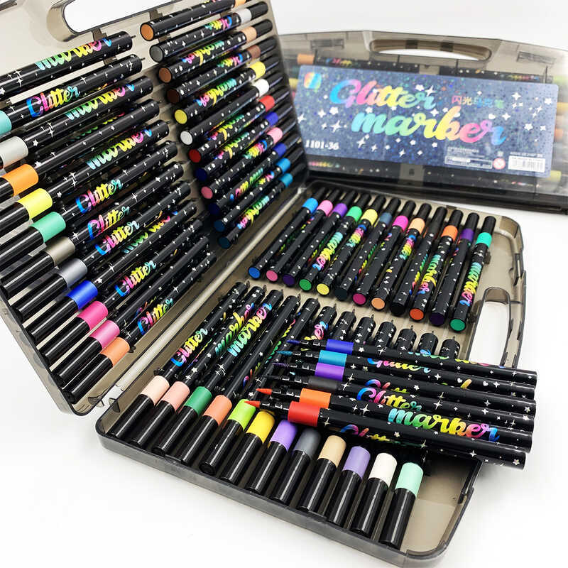 Nghịch Ngợm Flash Marker Đầu Mềm Hộp Đen Acrylic 36 48 Màu Học Sinh Đặc Biệt Đóng Hộp Màu Nước Bút N