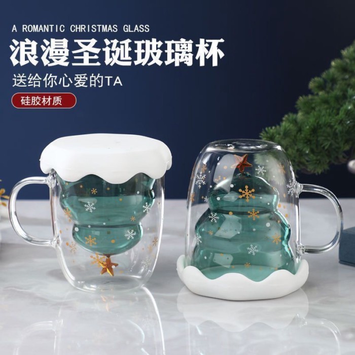 Christmas Water Cup, Christmas Tree Double-layer Glass Cup, Heat-resistant Cup, Coffee Cup With Lid