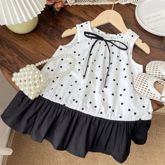 Summer Baby Baby Polka Dot Bow Patchwork Dress Girls Sleeveless Vest Dress Children's Skirt W