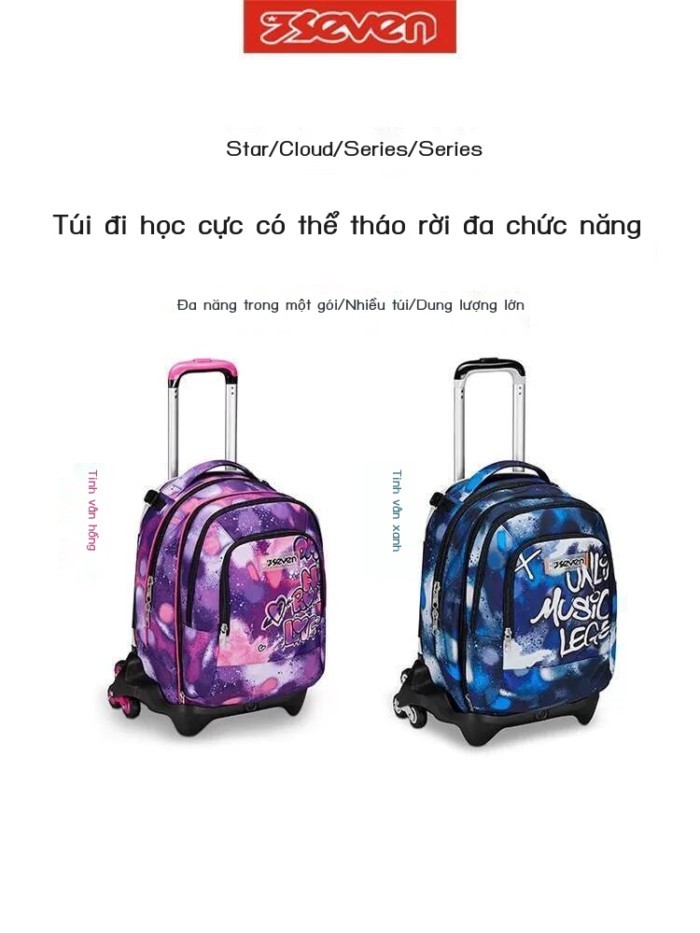 Ba lô 7seven Nebula Rolling từ Ý, 6 bánh xe leo cầu thang, dung tích lớn 47 lít, túi phụ kiện có th