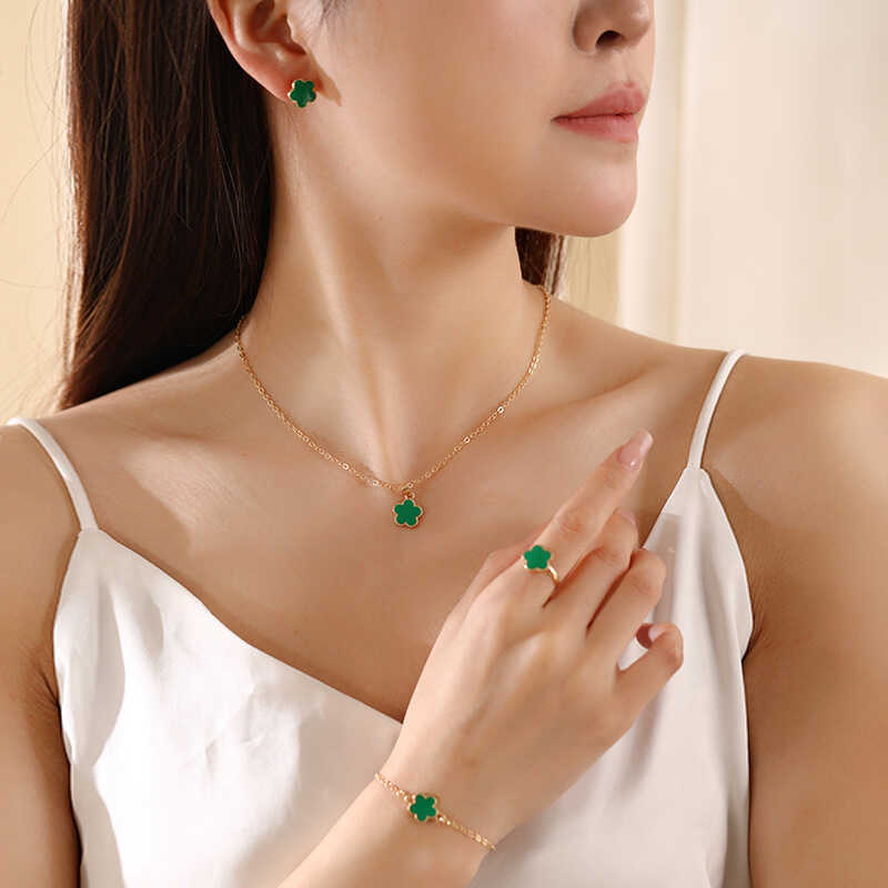 Phiên Bản Hàn Quốc Cỏ Ba Lá Bộ Trang Sức Nữ Đơn Giản Cánh Hoa Vòng Tay Cỏ Ba Lá Vòng Bông Tai Bộ 4 M