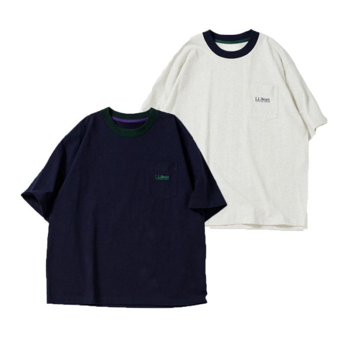 LLBEAN Nhật Bản Retro Màu Sắc Tương Phản Cổ Tròn Túi Thêu LOGO Rời Áo Thun Tay Ngắn Chức Năng An