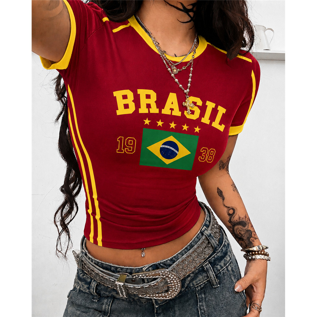 Áo thun sọc mỏng tay ngắn dành cho nữ có in hình "Brazil" – Áo bóng đá kiểu Brazil