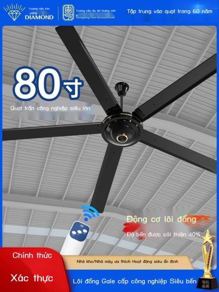 hiệu Diamond 80inch suất gió mạnh, cánh quạt bằng sắt, Quạt trần siêu lớn công nghiệp thương mại có