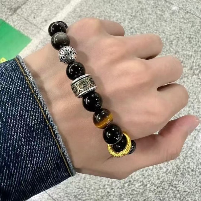 Ánh Sáng Sang Trọng Phong Cách Bạc Obsidian Đá Mắt Hổ Vòng Tay Bạc Đá Mắt Hổ Obsidian Phụ Kiện Tinh