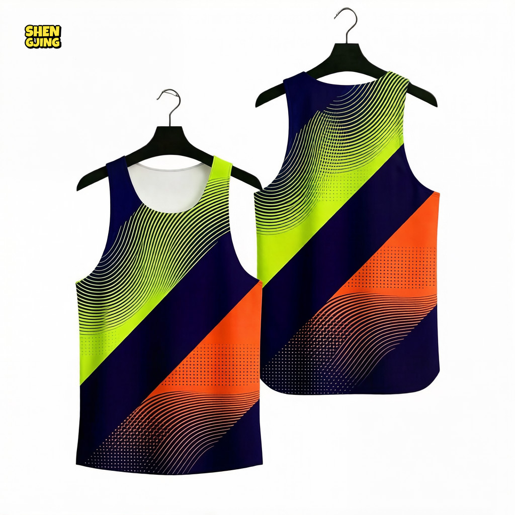 SHENGJING-Navy Neon Wave Running Singlet Quick Dry Tank Top