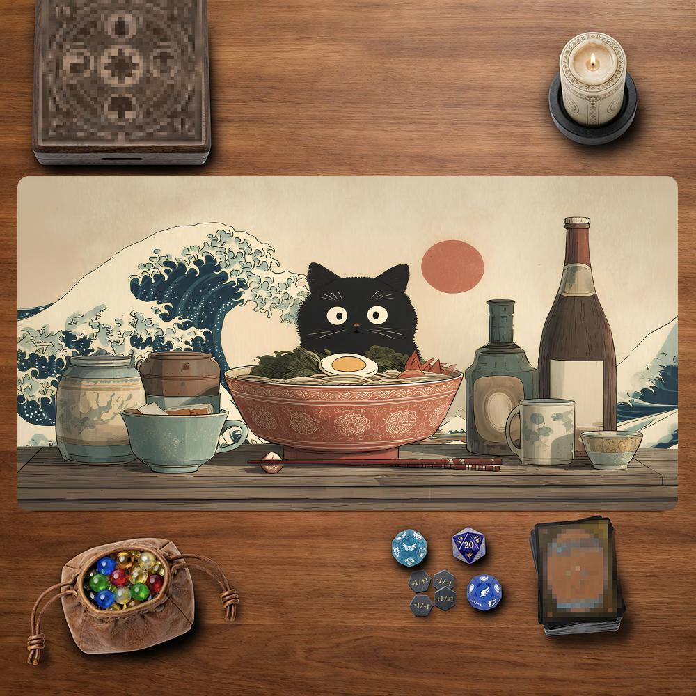 Ukiyo-e Nhật Bản Mèo & Ramen Magic Party Game Mat 35X60cm Cao Su Bền Cho Trò Chơi TCG Miếng Lót Chuộ